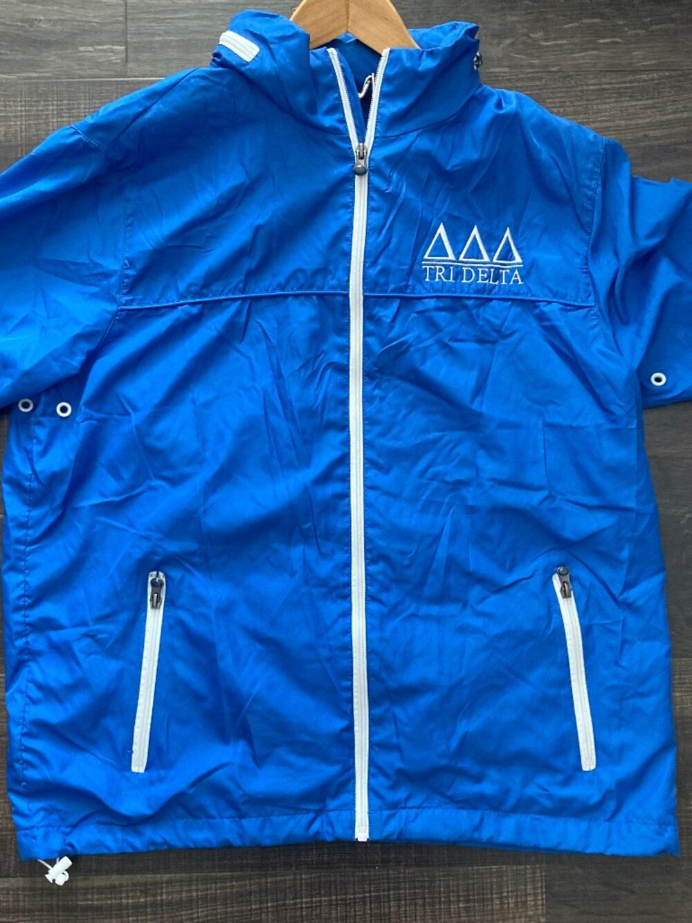 Tri Delta Sorority Windbreaker With Hideaway Hoddie Blue / White Size Large